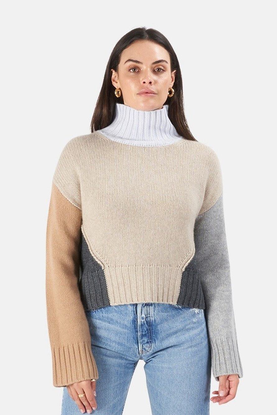 NAADAM Colorblock Crop Turtleneck Sweater XL Wool Cashmere Oatmeal Gray